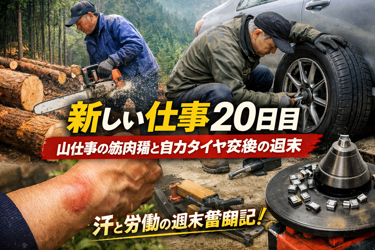 山仕事で筋肉痛、 それでも週末はタイヤ交換。