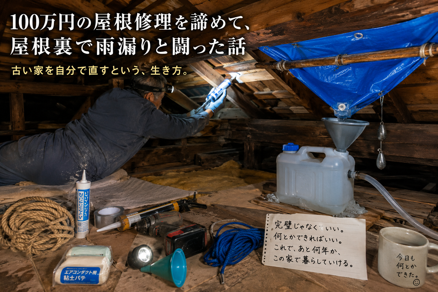 屋根裏での修理作業