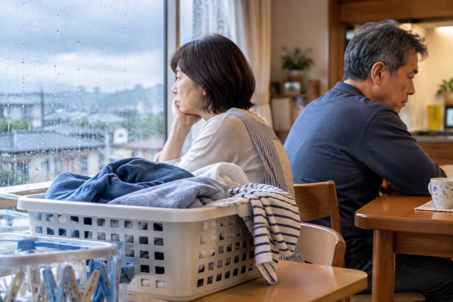 雨音に沈むふたりと洗濯物